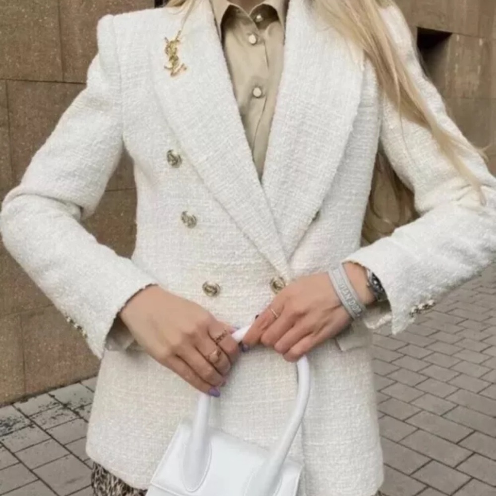 ZARA ECRU GOLD BUTTON DBL BREASTED BLAZER BLOGGERS FAVE KATE MIDDLETON TWEED XS - Picture 11 of 13